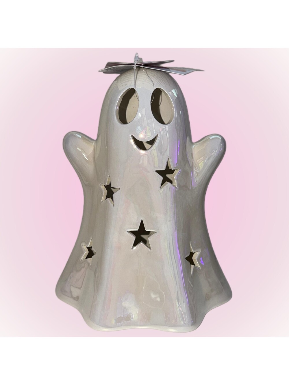 Iridescent Ceramic Ghost with Light-Up Star Cutouts for Halloween Decor